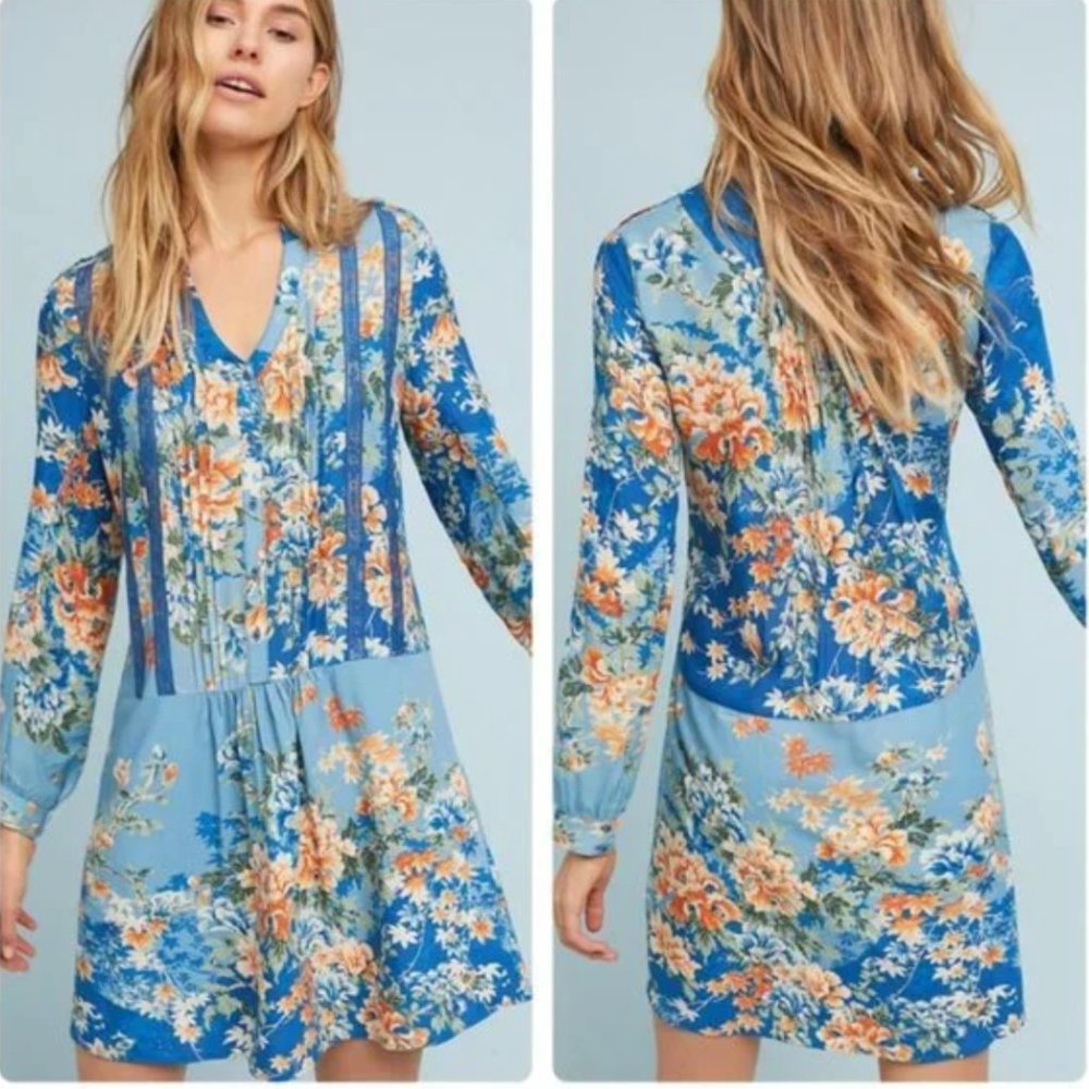 Anthropologie TINY Gaina Long Sleeve Floral Print Drop Waist Dress Size Small